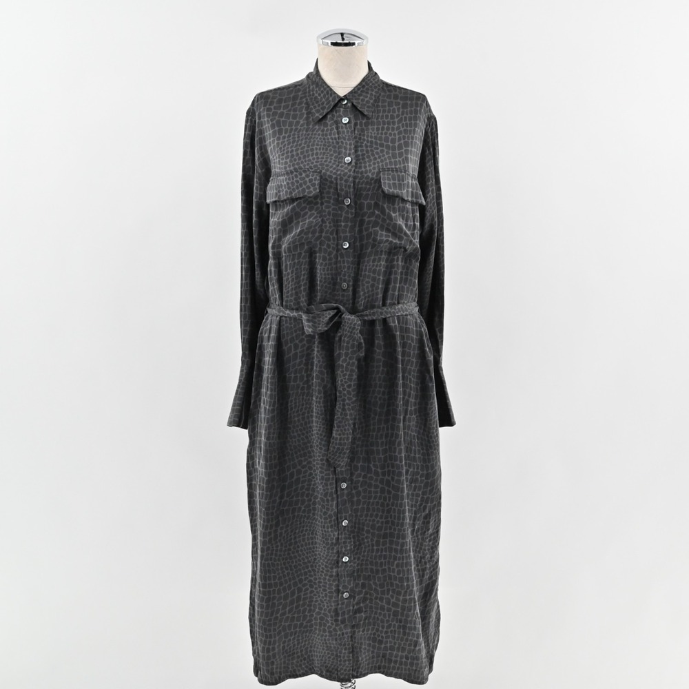 EQUIPMENT Silk Midi Dress Sz S Black Animal‎ Print Button Front Belted Collared